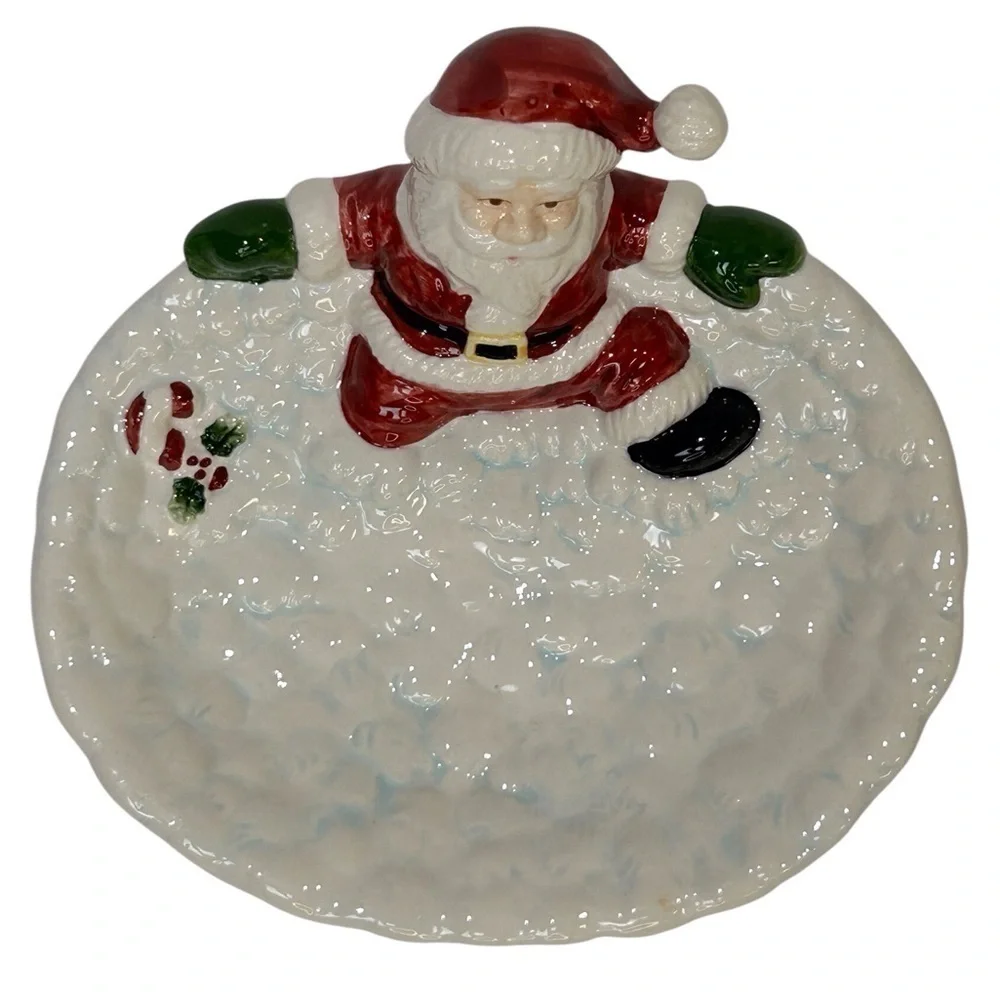 Santa on Snow Soap Dish/Candy Tray Christmas White/Red/Black Porcelain EUC